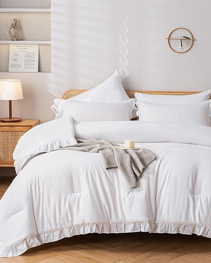 JANZAA California King Comforter Set White Comforter Ruffle 3PCS Soft Fluffy Boho Comforter Vintage Farmhouse Bed Comforter Set Shabby Chic Bedding with 2 Pillowcases for All Season - LeafyLoom