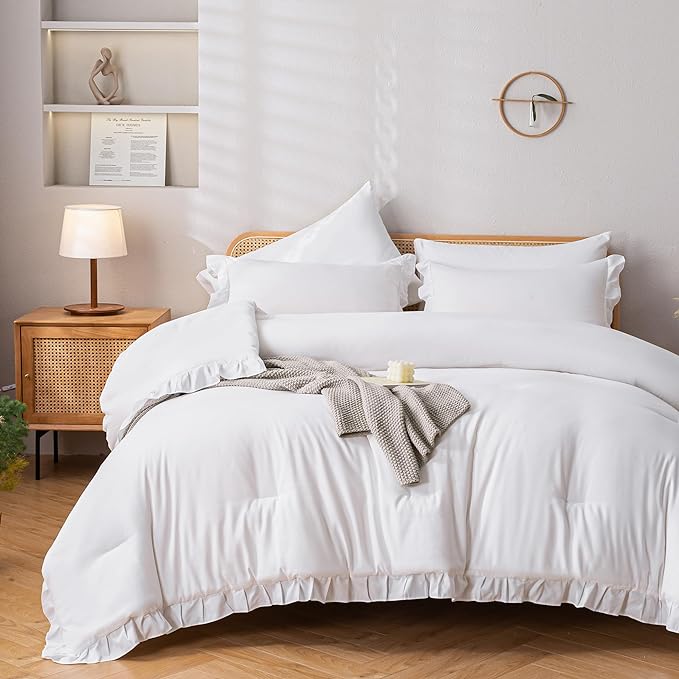 JANZAA California King Comforter Set White Comforter Ruffle 3PCS Soft Fluffy Boho Comforter Vintage Farmhouse Bed Comforter Set Shabby Chic Bedding with 2 Pillowcases for All Season - LeafyLoom