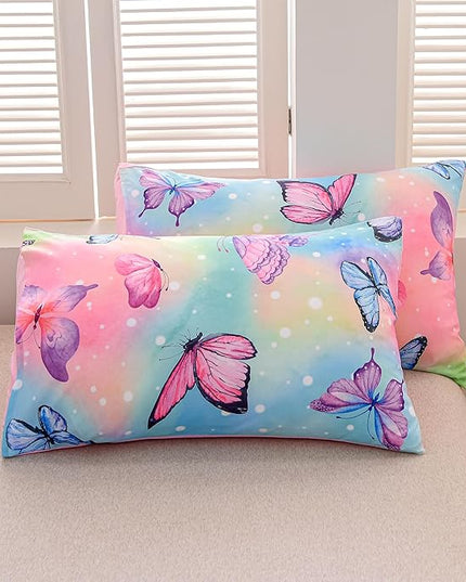 Btargot 3 Piece Butterfly Pattern Girls Comforter Set with 2 Pillow Covers, Gradient Line Rainbow Printed Bedding Set for Women, Full Multi Color - LeafyLoom