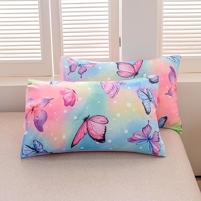 Btargot 3 Piece Butterfly Pattern Girls Comforter Set with 2 Pillow Covers, Gradient Line Rainbow Printed Bedding Set for Women, Full Multi Color - LeafyLoom