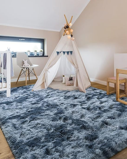 5x8 Large Area Rugs for Living Room, Super Soft Fluffy Modern Bedroom Rug, Tie-Dyed Blue Grey Indoor Shag Fuzzy Carpets for Girls Kids Nursery Room Home Decor - LeafyLoom