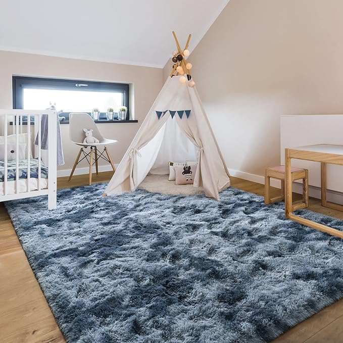 5x8 Large Area Rugs for Living Room, Super Soft Fluffy Modern Bedroom Rug, Tie-Dyed Blue Grey Indoor Shag Fuzzy Carpets for Girls Kids Nursery Room Home Decor - LeafyLoom