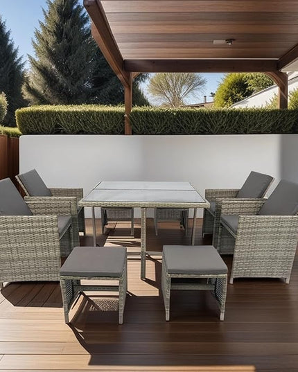 9 Pieces Patio Dining Outdoor Furniture, Space Saving Rattan Chairs with Glass Table, Cushioned Seating and Back Sectional Conversation Set, Zm-Grey - LeafyLoom