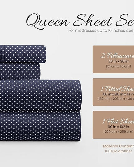 Linen Market 4 Piece Queen Bedding Sheet Set (Navy Blue Heart) - Sleep Better Than Ever with These Ultra-Soft & Cooling Bed Sheets for Your Queen Size Bed - Deep Pocket Fits 16" Mattress - LeafyLoom