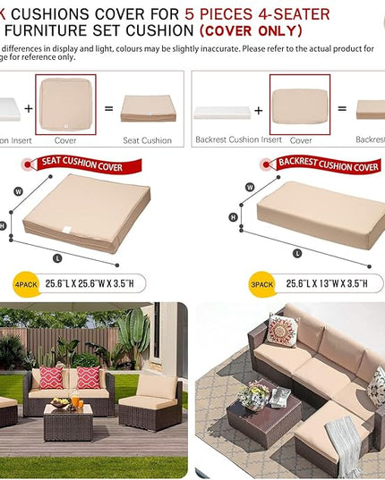ClawsCover 7Pack Outdoor Patio Seat and Back Cushions Replacement Covers Fit for 3/5 Pieces 4-Seater Wicker Rattan Furniture Conversation Set Sectional Couch,Light Khaki-Large (Include Cover Only) - LeafyLoom
