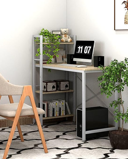 4NM 35" Small Computer Desk with 4-Tier Bookshelf, Home Office Desk Writing Workstation Study Table Multipurpose for Small Space Work - Natural and White - LeafyLoom