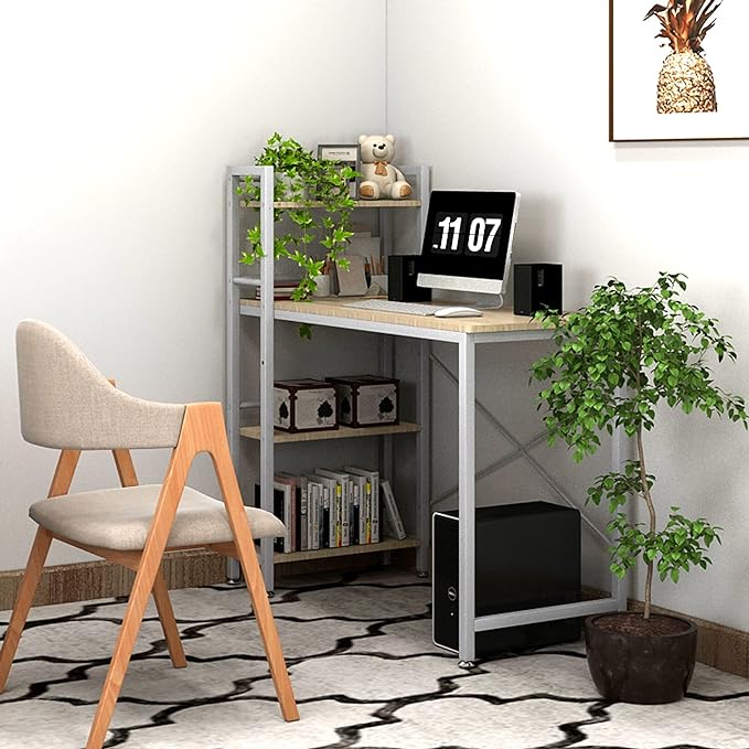 4NM 35" Small Computer Desk with 4-Tier Bookshelf, Home Office Desk Writing Workstation Study Table Multipurpose for Small Space Work - Natural and White - LeafyLoom