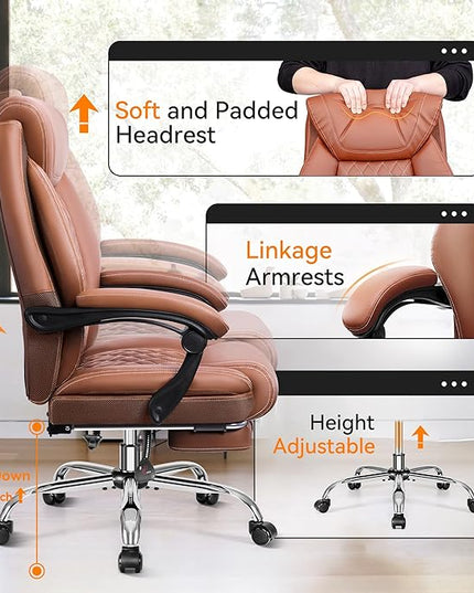 Office Chair, Executive Leather Chair Adjustable High Back, Ergonomic Computer Desk Chair Lumbar Support, Big and Tall Office Chair with Footrest, Comfy Reclining Chair for Home Office - LeafyLoom