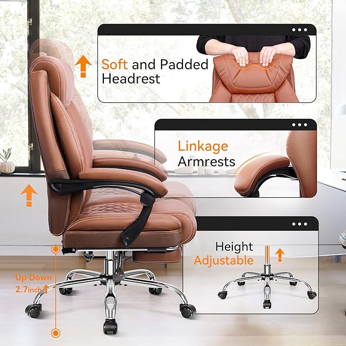 Office Chair, Executive Leather Chair Adjustable High Back, Ergonomic Computer Desk Chair Lumbar Support, Big and Tall Office Chair with Footrest, Comfy Reclining Chair for Home Office - LeafyLoom