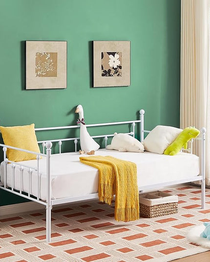 VECELO Twin Size Daybed Frame Metal Steel Slat Support with Headboard Sofa Bed Platform for Living Room, Guest Room, Easy Assembly, White - LeafyLoom