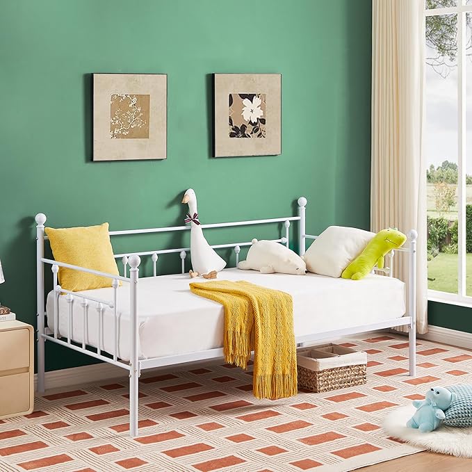 VECELO Twin Size Daybed Frame Metal Steel Slat Support with Headboard Sofa Bed Platform for Living Room, Guest Room, Easy Assembly, White - LeafyLoom