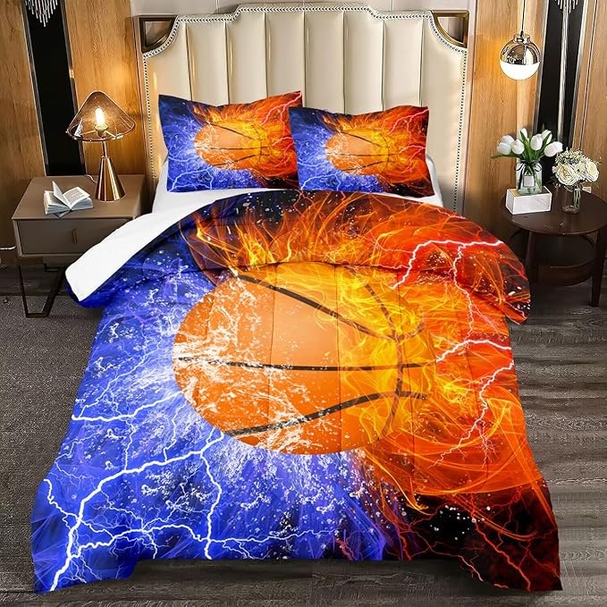 Basketball Full Size Comforter Sets for Boys Basketball Bedding Full Size Sports Microfiber Comforter Set Bedding Set for Boys Teens, 1 Comforter+2 Pillowcases - LeafyLoom