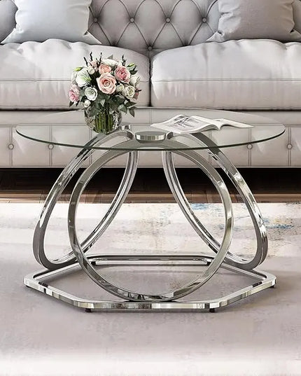 O&K FURNITURE Glass Coffee Table, Modern Silver Coffee Table Living Room Table with Hexagonal Base, Round Coffee Table for Home&Office, Chrome Finish, 1 PC - LeafyLoom