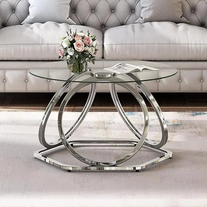 O&K FURNITURE Glass Coffee Table, Modern Silver Coffee Table Living Room Table with Hexagonal Base, Round Coffee Table for Home&Office, Chrome Finish, 1 PC - LeafyLoom