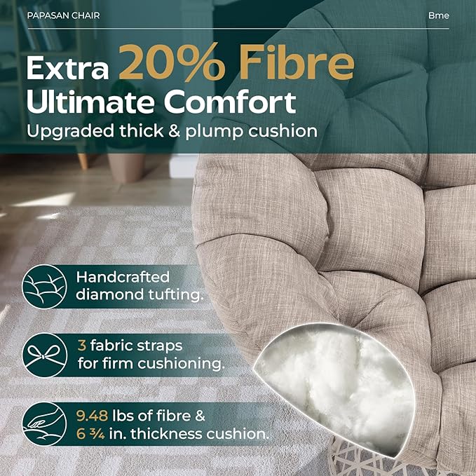 Bme 40" Ergonomic Wicker Papasan Chair with Soft Thick Density Fabric Cushion, High Capacity Steel Frame, 360 Degree Swivel for Living, Bedroom, Reading Room, Lounge - LeafyLoom