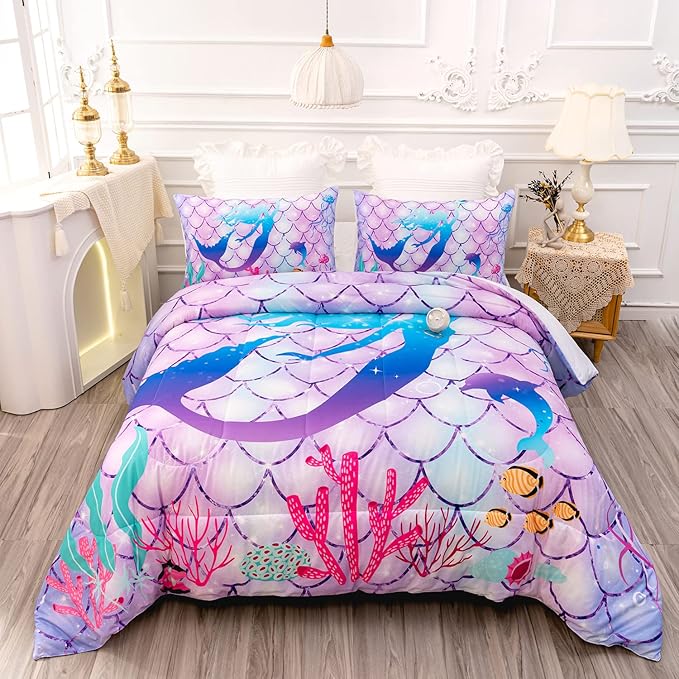 CVHOUSE Mermaid Comforter Set,Rainbow Mermaid Bedding Set for Girls Kids Teens,Rainbow Mermaid Comforter Mermaid Duvet Set Room Decor Quilt Set Full Size - LeafyLoom