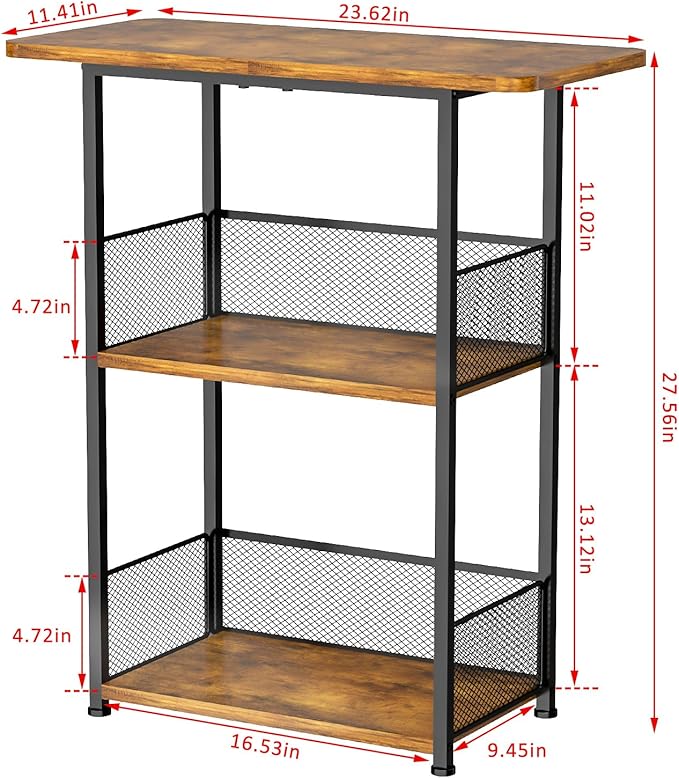 Small Bookshelf 3 Tier Small Table - Office Shelf Rustic Industrial Bookshelf, Wood and Metal Storage Shelf Stand Organizer Tall Table for Living Room, Bedroom, Office - LeafyLoom