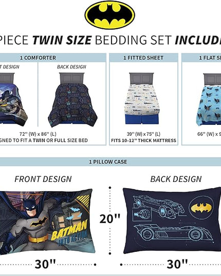 Franco Kids Bedding Super Soft Comforter and Sheet Set, 4 Piece Twin Size, Batman - LeafyLoom