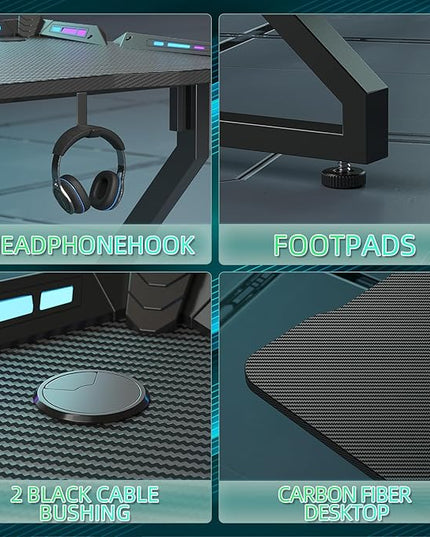 Gaming Desk with LED Lights, 47 Inch Computer Desk for Home Small Space, Gaming Table with Carbon Fiber Surface, PC Gamer Desk for Kids Boys Men, Black - LeafyLoom