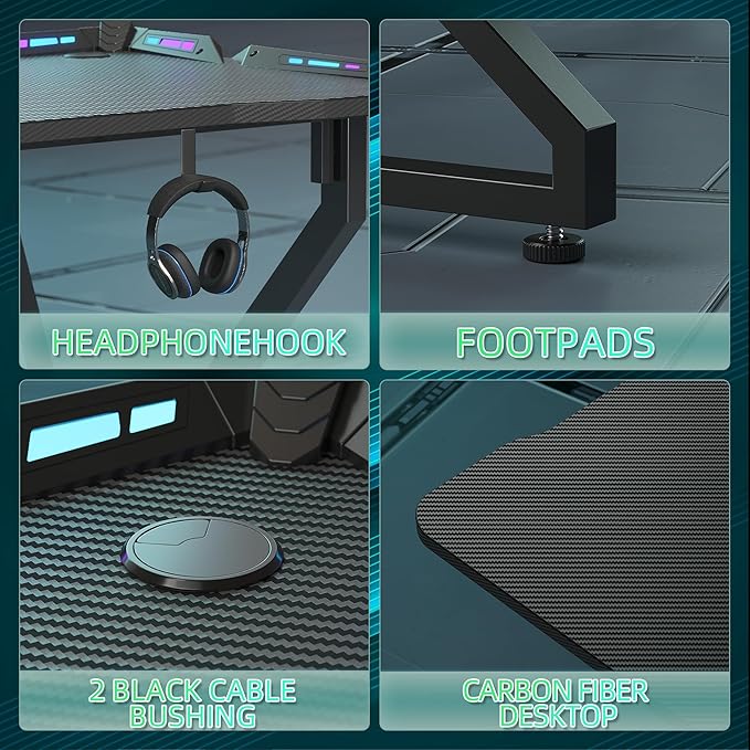 Gaming Desk with LED Lights, 47 Inch Computer Desk for Home Small Space, Gaming Table with Carbon Fiber Surface, PC Gamer Desk for Kids Boys Men, Black - LeafyLoom