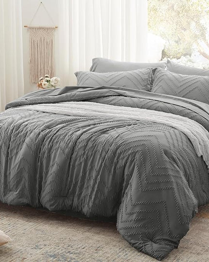 Anluoer Twin Comforter Set, Grey Tufted Bed in a Bag 5 Pieces with comforters and sheets, All Season Bedding Sets with 1 Comforter, 1 PillowShams, 1 Pillowcases, 1 Flat Sheet, 1 Fitted Sheet - LeafyLoom