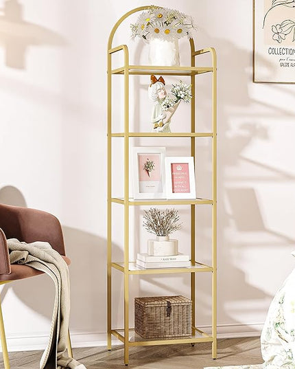 Bookcase Bookshelf, Tempered Glass Bookshelves, Slim Shelving Unit for Bedroom, Bathroom, Home Office, Steel Frame, 5 Tier Gold BC05001G - LeafyLoom