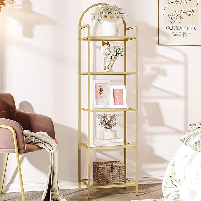 Bookcase Bookshelf, Tempered Glass Bookshelves, Slim Shelving Unit for Bedroom, Bathroom, Home Office, Steel Frame, 5 Tier Gold BC05001G - LeafyLoom