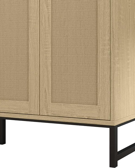 Panana Sideboard Accent Storage Cabinet with Rattan Decorated 4 Doors Dining Room Freestanding Kitchen Buffet Table Cupboard (Natural) - LeafyLoom
