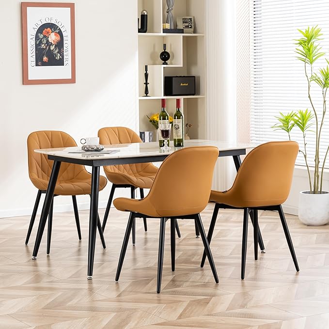 YOUNIKE Dining Chairs Set of 2, Saffron Tan Comfy Padded Kitchen Chairs, Armless Modern Faux Leather Upholstered Dining Room Chairs, Elegant Dinning Chairs Side Chairs, Loads up to 300LBS - LeafyLoom