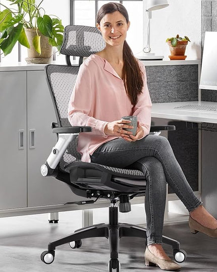 COLAMY Ergonomic Mesh Office Chair with Footrest, High Back Computer Executive Desk Chair with Headrest and 4D Flip-up Armrests, Adjustable Tilt Lock and Lumbar Support-Grey - LeafyLoom