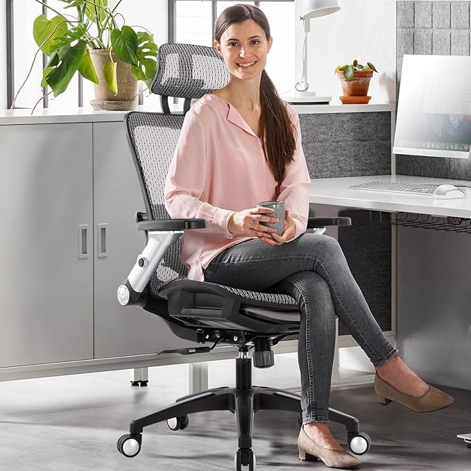 COLAMY Ergonomic Mesh Office Chair with Footrest, High Back Computer Executive Desk Chair with Headrest and 4D Flip-up Armrests, Adjustable Tilt Lock and Lumbar Support-Grey - LeafyLoom