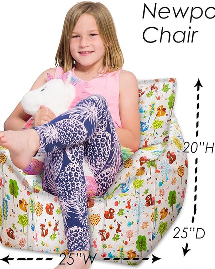 Posh Creations Structured Comfy Bean Bag Chair for Gaming, Reading, and Watching TV, Newport Chair, Canvas - Forest Critters on White - LeafyLoom