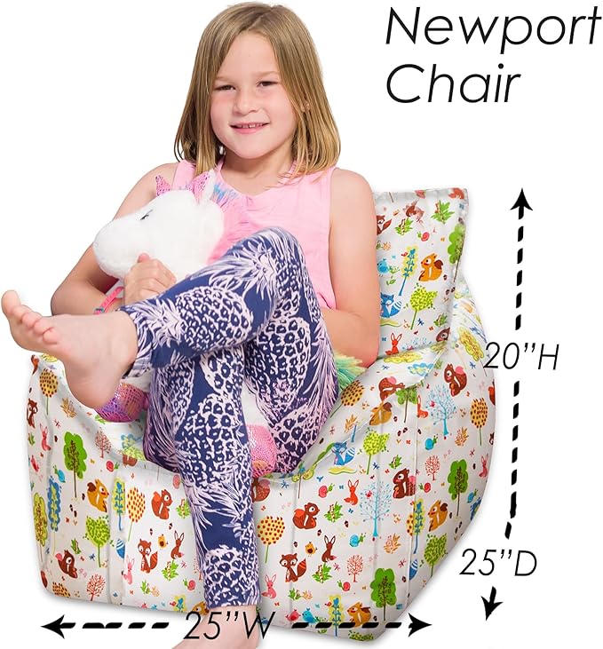 Posh Creations Structured Comfy Bean Bag Chair for Gaming, Reading, and Watching TV, Newport Chair, Canvas - Forest Critters on White - LeafyLoom