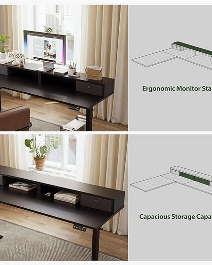 L shaped Electric Standing Desk with 2 Drawers, 63 Inch Ergonomic Adjustable Height Desk with Storage, Corner Desk Sit Stand up Computer Table for Work Office Home, Black - LeafyLoom