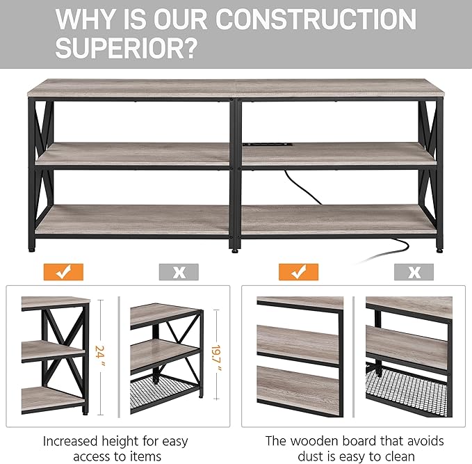 Yaheetech TV Stand with Power Outlet for 75 Inch TV, 3 Tiers TV Storage Cabinet Entertainment Center, Retro 63 Inch Long TV Console Table with Charging Station for Living Room, Gray - LeafyLoom