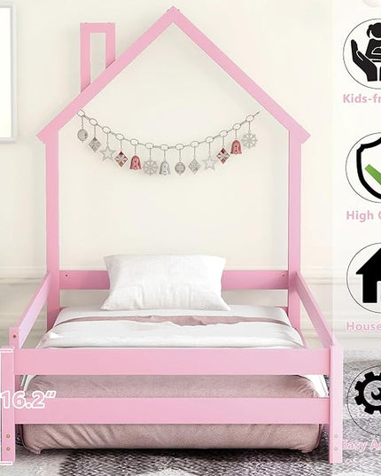 Bellemave Twin Size House-Shaped Headboard Floor Bed with Fences, Wooden Montessori Bed for Kids,House Bed Twin Frame for Girls,Boys (Pink) - LeafyLoom