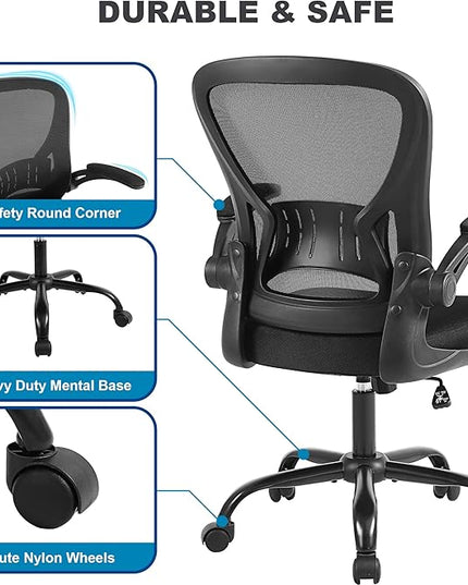 Mesh Office Chair, Ergonomic Computer Chair with Flip-up Arms and Lumbar Support, Height Adjustable Home Office Desk Chairs, Black - LeafyLoom