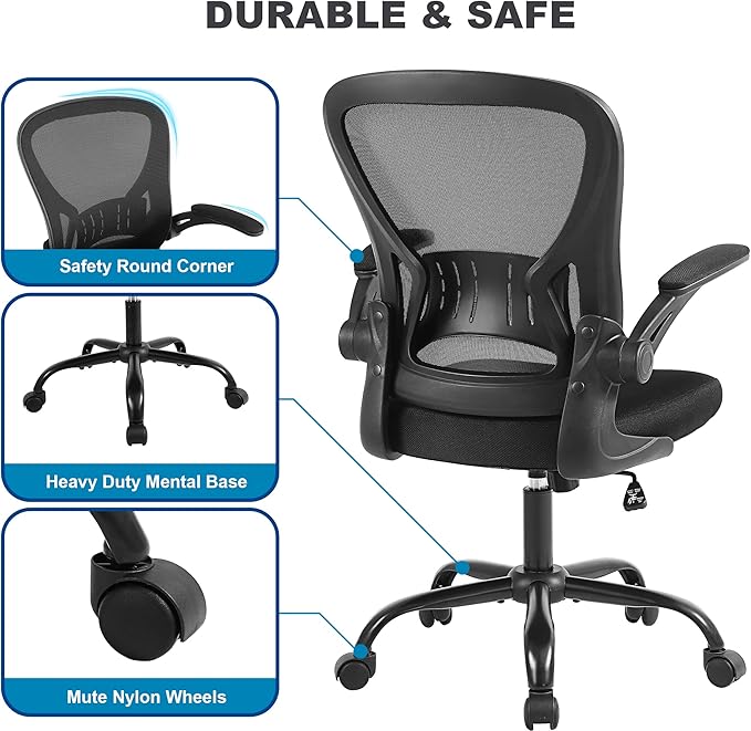 Mesh Office Chair, Ergonomic Computer Chair with Flip-up Arms and Lumbar Support, Height Adjustable Home Office Desk Chairs, Black - LeafyLoom