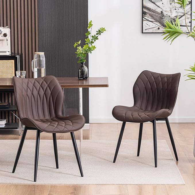 YOUNIKE Dining Chairs Set of 2, Upholstered Leather Dining Room Chairs, Modern Kitchen Chairs Living Room Bedroom Side Chairs with Wide Curved Back and Adjustable Metal Legs, Espresso Brown - LeafyLoom