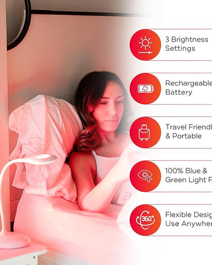 Mito Red Light - Red Light Lamp - Portable & Flexible Red Table Lamp - Cordless Lamp, Rechargeable Reading Lamp - Red Light Reading Light - Red Light for Bedroom & Desk - LeafyLoom