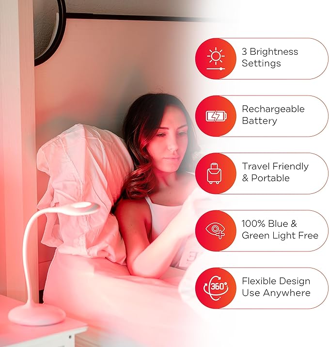 Mito Red Light - Red Light Lamp - Portable & Flexible Red Table Lamp - Cordless Lamp, Rechargeable Reading Lamp - Red Light Reading Light - Red Light for Bedroom & Desk - LeafyLoom