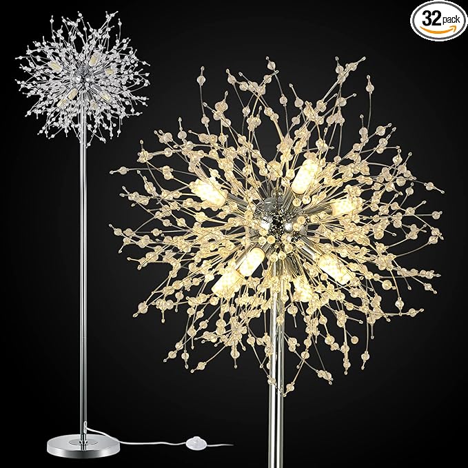 Airposta Crystal Floor Lamp for Bedroom, Floor Lamp for Living Room, Elegant Standing Lamp, 69" Tall Pole Lamp, Modern Floor Lamp for Room Decor, 32 Firework Crystal Harnesses Included, Chrome Finish - LeafyLoom