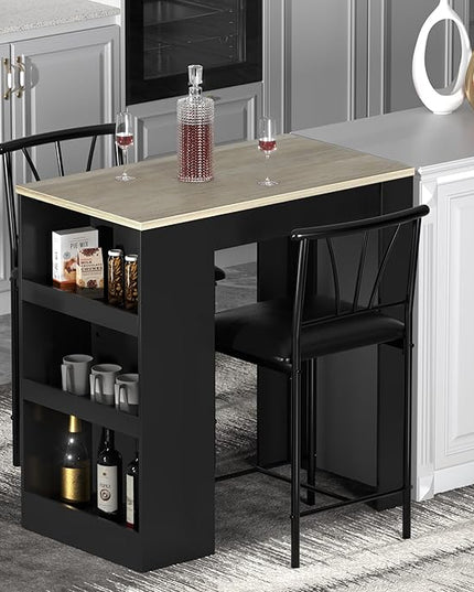 VECELO Small Bar Table and Chairs Tall Kitchen Breakfast Nook with Stools/Dining Set for 2, Storage Shelves, Space-Saving, Gray - LeafyLoom