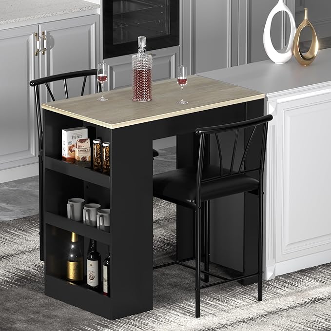 VECELO Small Bar Table and Chairs Tall Kitchen Breakfast Nook with Stools/Dining Set for 2, Storage Shelves, Space-Saving, Gray - LeafyLoom