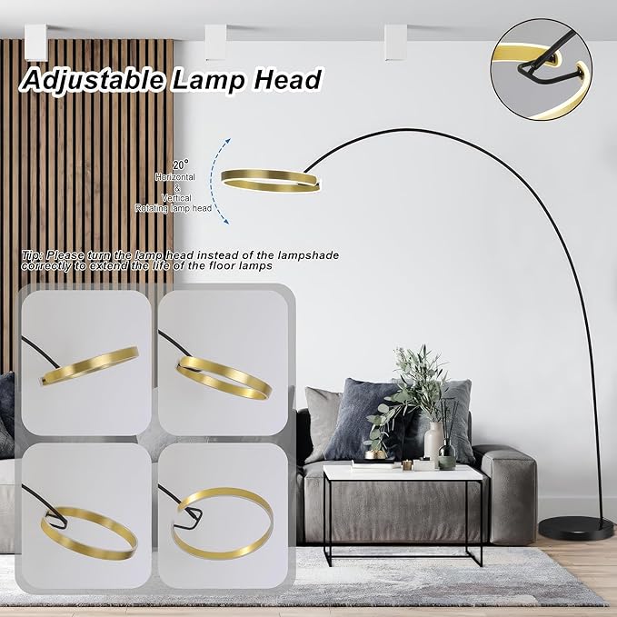 Contemporary 81" Tall LED Overreaching Sofa Arched Floor Lamp with Remote Control - Modern Standing Corner Light, Gold Metal Shade, Real Marble Base - Ideal for Bedrooms and Living Room Décor - LeafyLoom