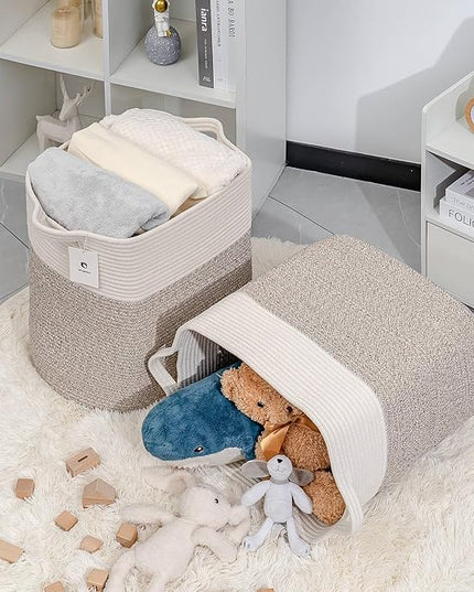 Toy Storage Baskets for Clothes Fabric Cotton Rope Storage Basket with Handles, Decorative Woven Basket for Living Room,Closet Organizer Blankets, and Toys (White Brown 2bags) - LeafyLoom