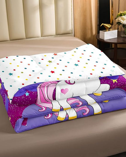 Girls Unicorn Bedding Set Full Kawaii Cute Unicorn Print Bedding Set Cartoon Horse Bedding Children Galaxy Stars Magical Unicorn Animal Down Comforter +2 Pillowcases Reversible Lightweight Purple - LeafyLoom
