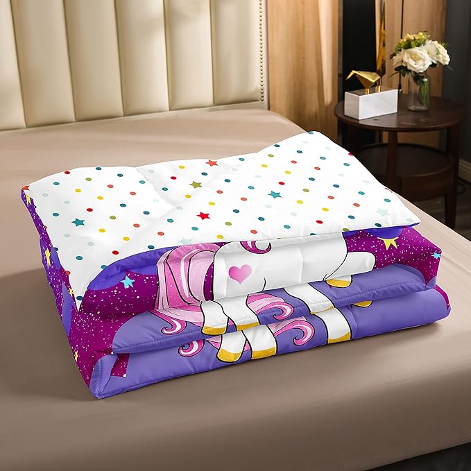 Girls Unicorn Bedding Set Full Kawaii Cute Unicorn Print Bedding Set Cartoon Horse Bedding Children Galaxy Stars Magical Unicorn Animal Down Comforter +2 Pillowcases Reversible Lightweight Purple - LeafyLoom
