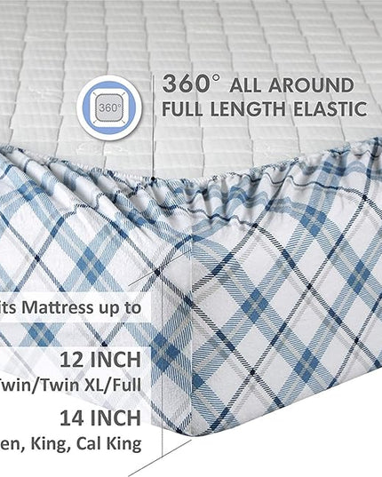 Comfort Spaces Cotton Flannel Breathable Warm Deep Pocket Sheets with Pillow Case Bedding, Cal King, Blue Plaid 4 Piece - LeafyLoom