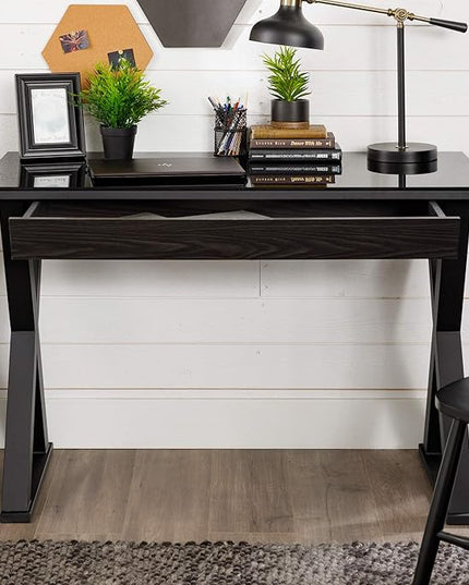 Walker Edison Lawrence Urban Industrial X Leg Glass Top Computer Desk, 48 Inch, Black - LeafyLoom